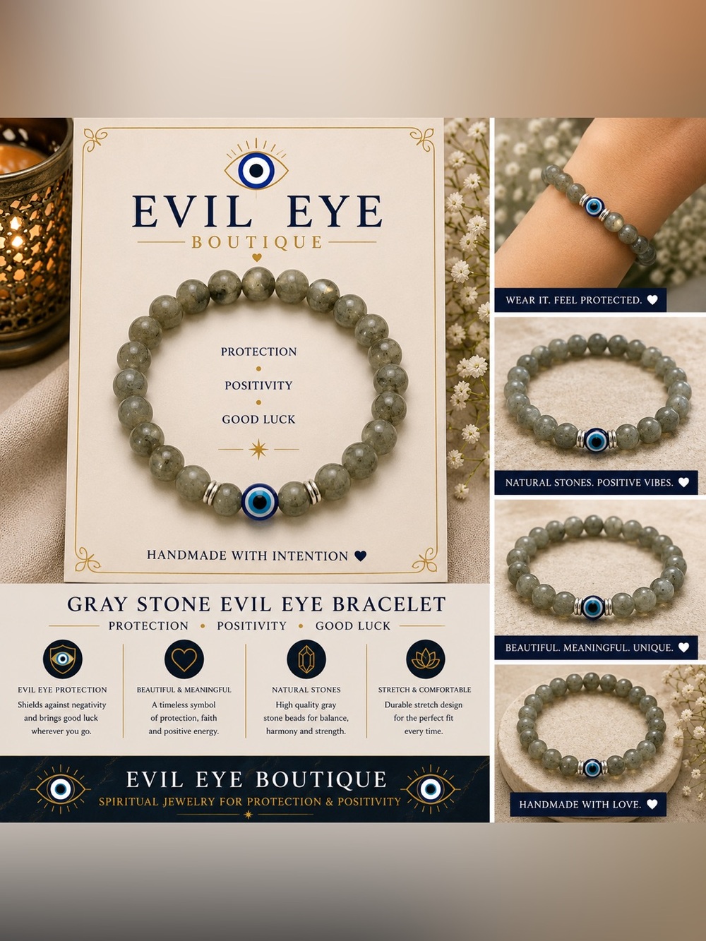 🧿Gray Stone Evil Eye Bracelet — Protective Gray Beaded Bracelet🧿